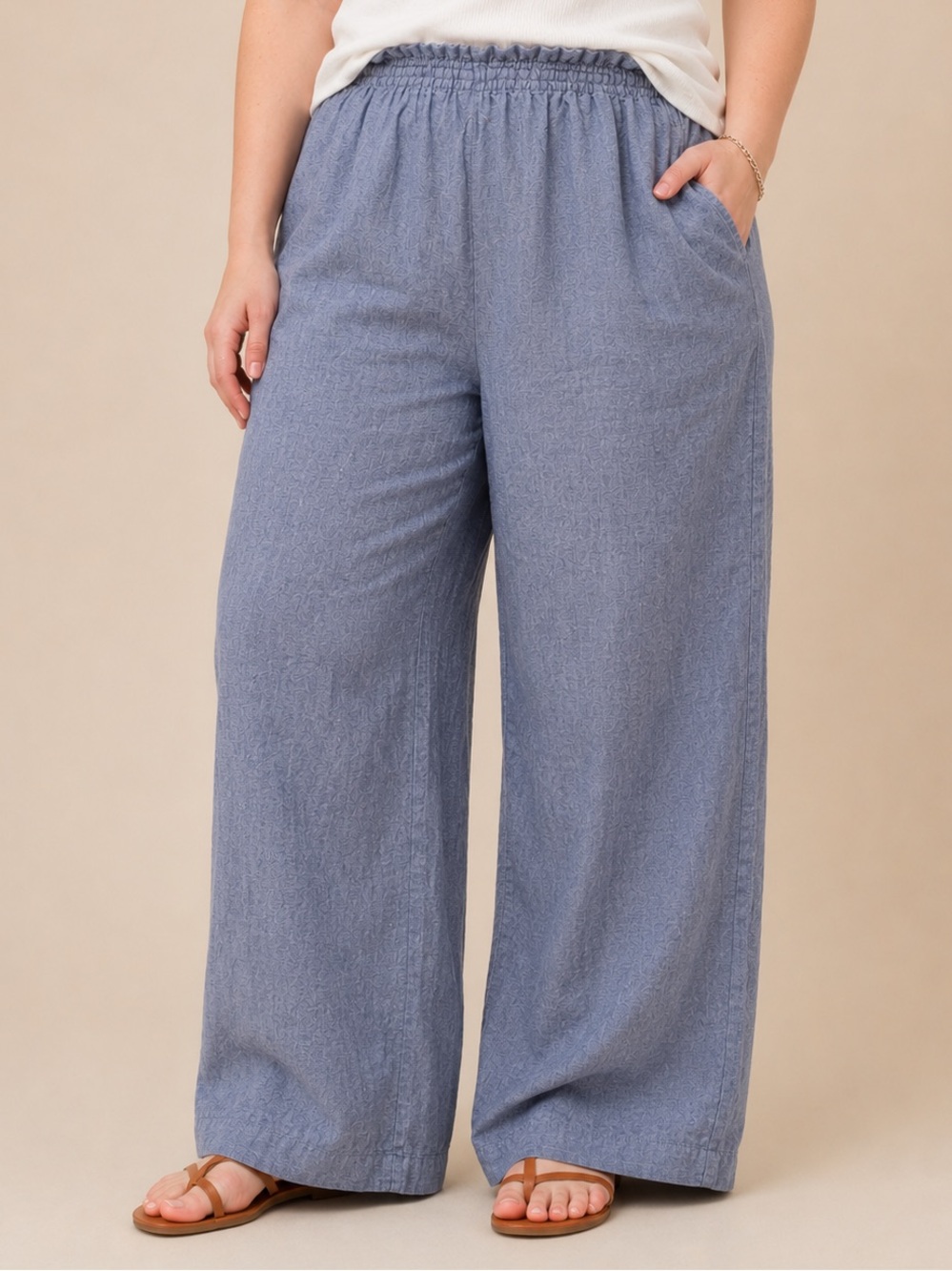 CORE Life 1X 100% Linen Wide Leg Pants Chambray Blue Pull On Plus